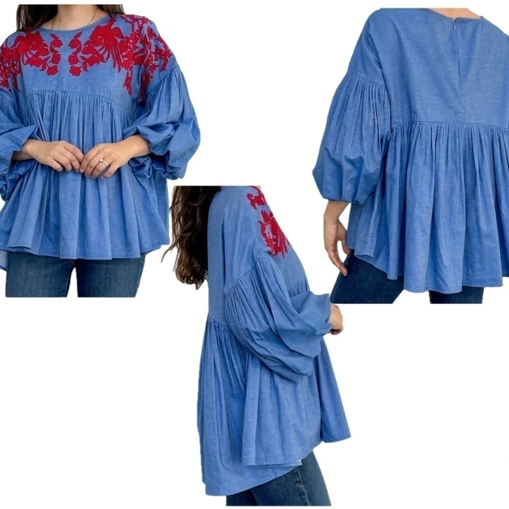 Anthropologie Hemant & Nandita Women's blue red Embroidered Lianna Top Blouse S - Picture 2 of 14